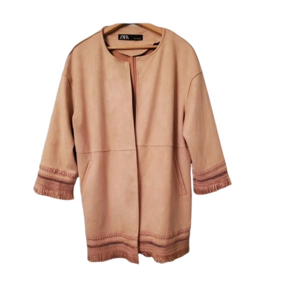 Women's Zara Jacket Faux Suede Fringe 3/4 Sleeves Light Dusty Pink Rose Medium M - Picture 14 of 16